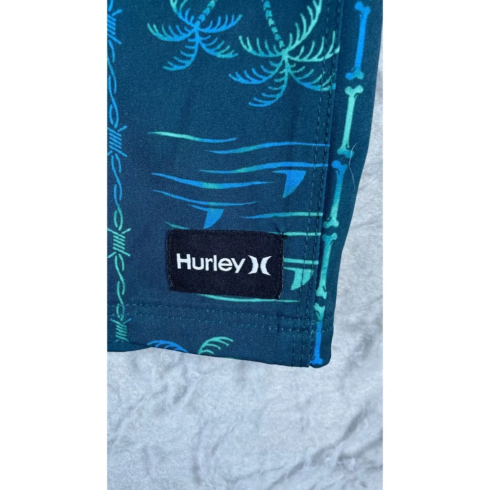 Hurley Board Shorts Mens 30 Teal New Tropical Palm Tree Bone Print Swim Trunks
